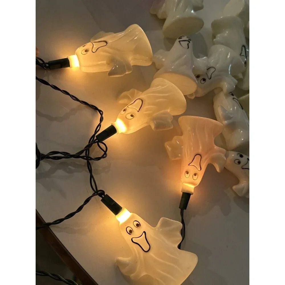 Vintage Halloween Blow Mold Hard Plastic 15 String Lights Ghost Works Two Side